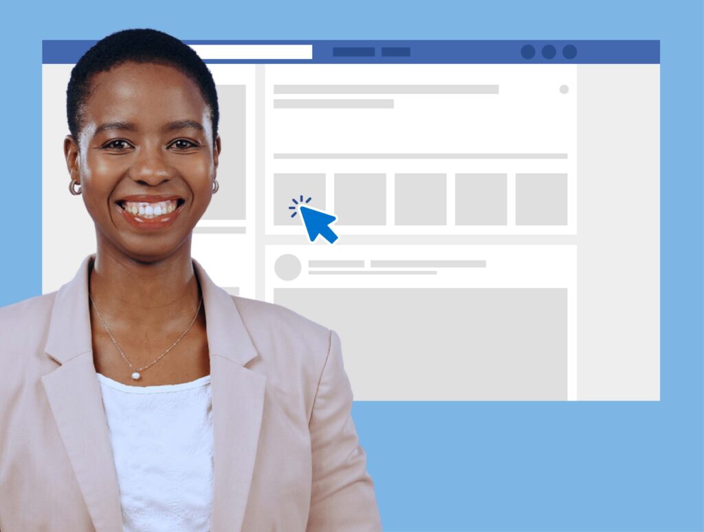 Black woman in professional attire with website interface background.