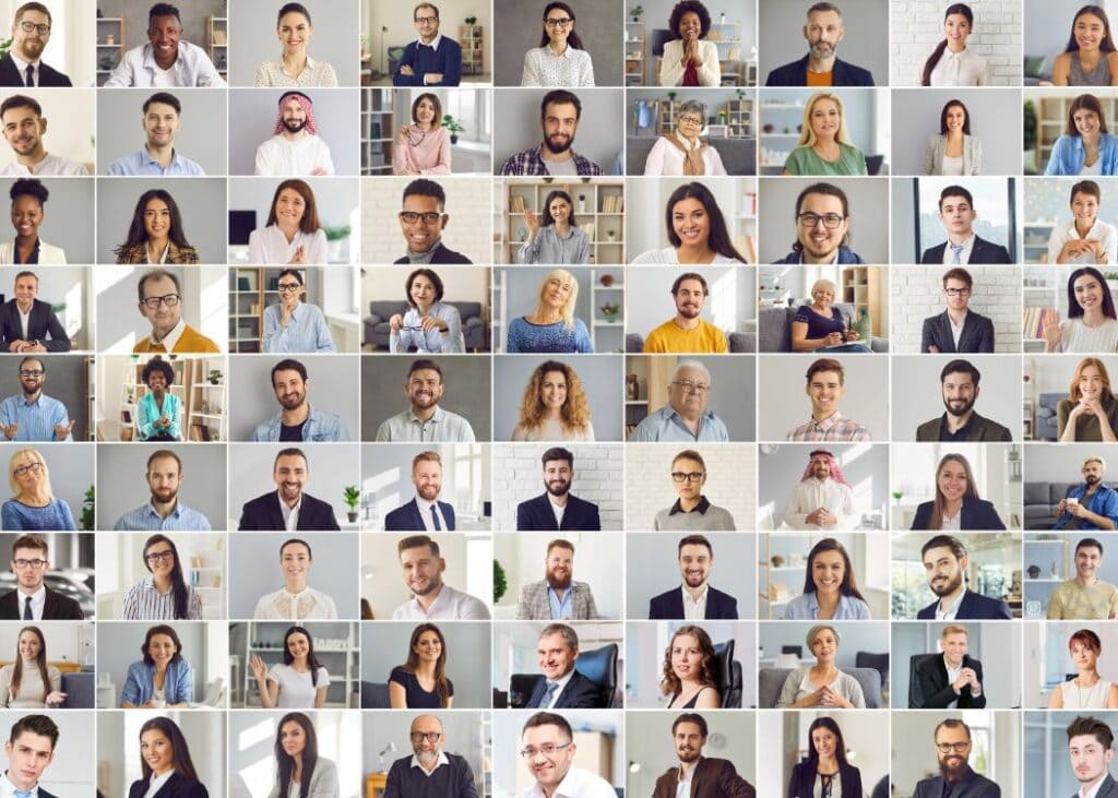 Diverse group of people smiling in individual portraits.