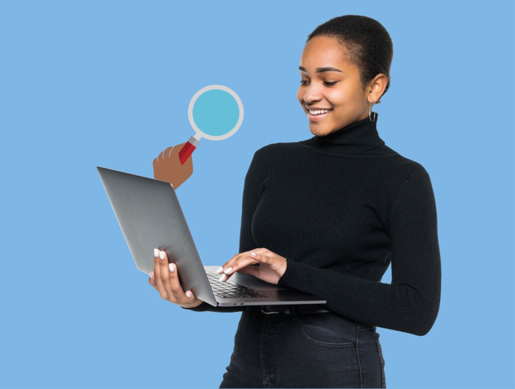 Smiling woman using laptop with graphic magnifying glass.