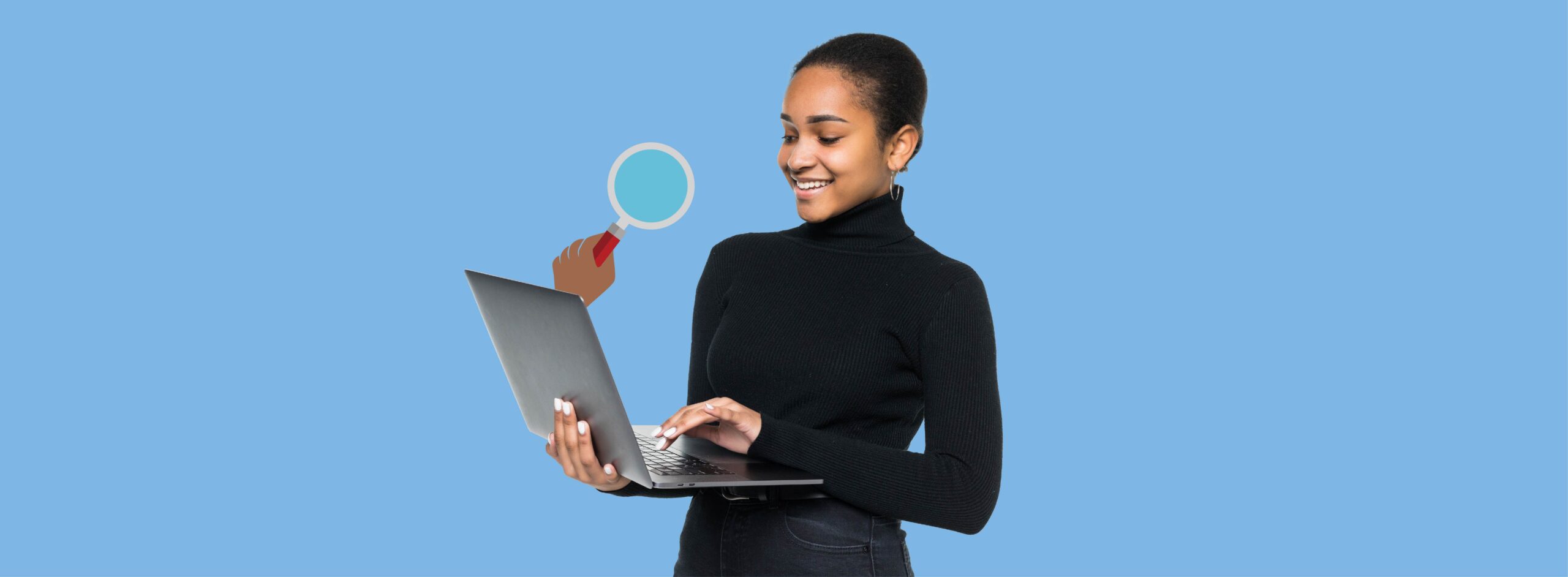 Woman using laptop with virtual magnifying glass icon.