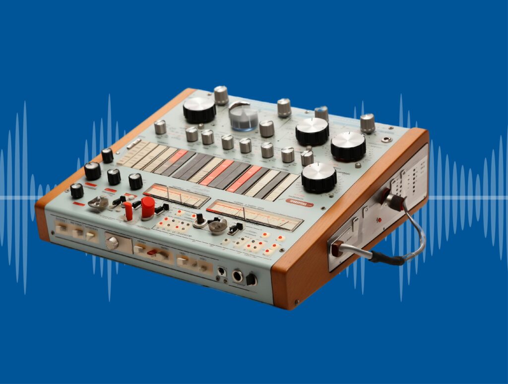 Vintage synthesizer with knobs and sliders on blue background.