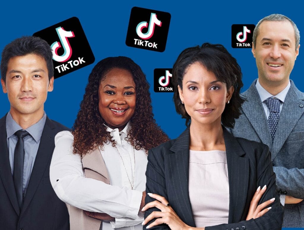 Diverse professionals with TikTok logos overlaid on blue background.