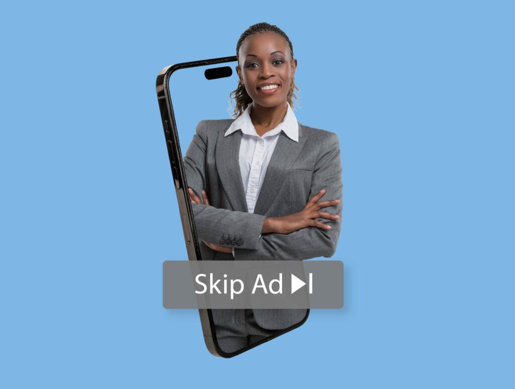 Confident woman emerging from smartphone with skip ad button.