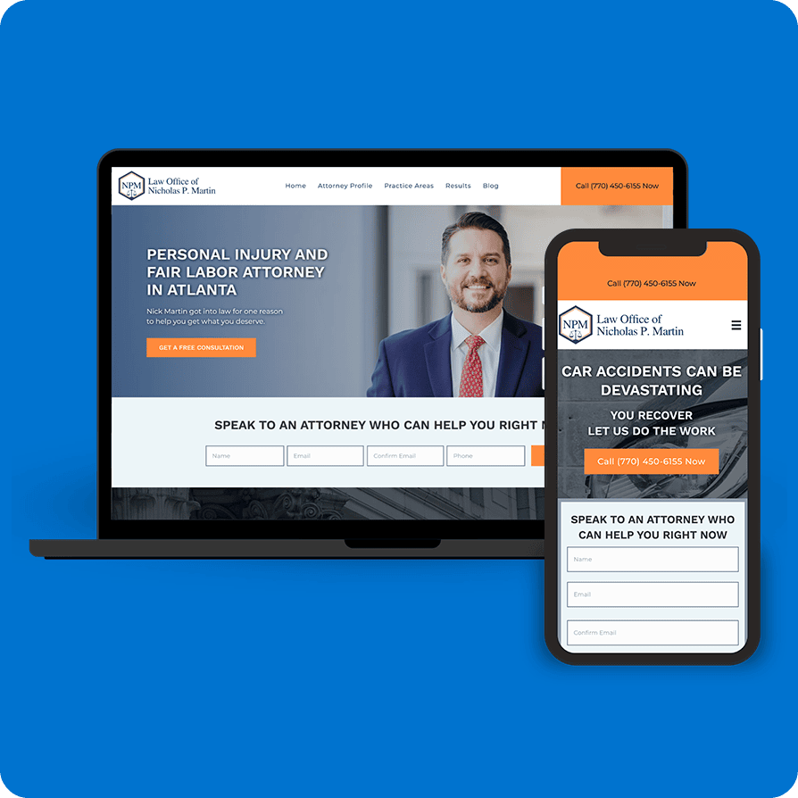 Law office website on laptop and phone screens.