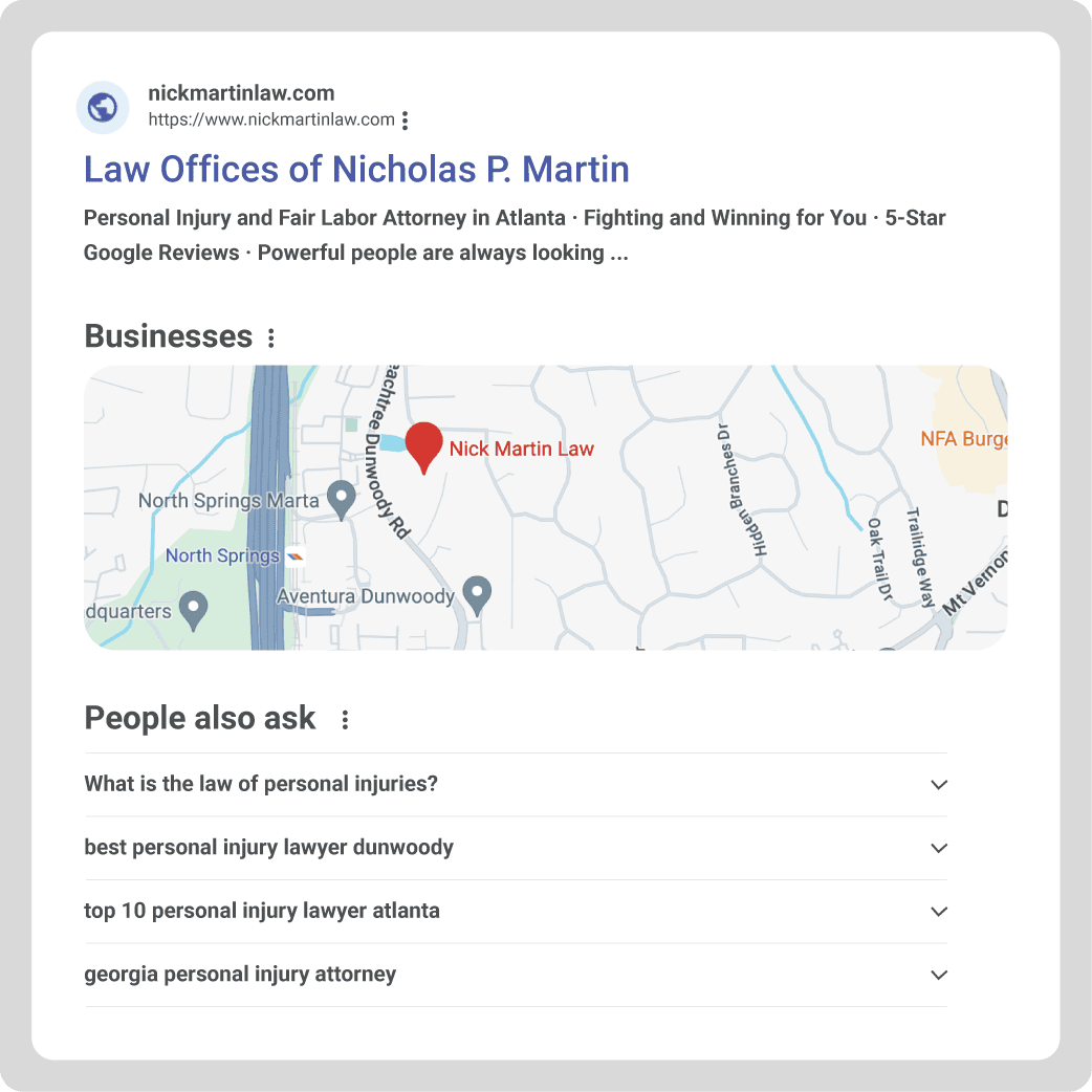 Nick Martin Law Firm location on Atlanta map.