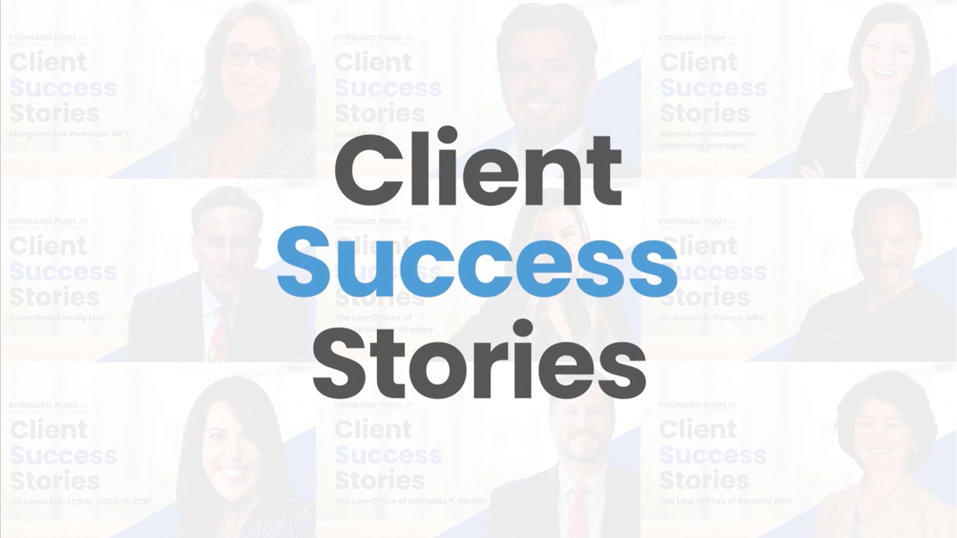 Client Success Stories banner with diverse professional portraits