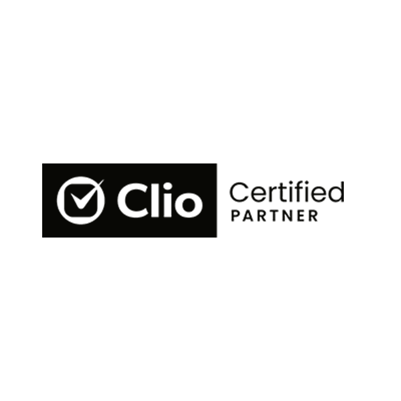 Clio Certified Partner logo in black and white.