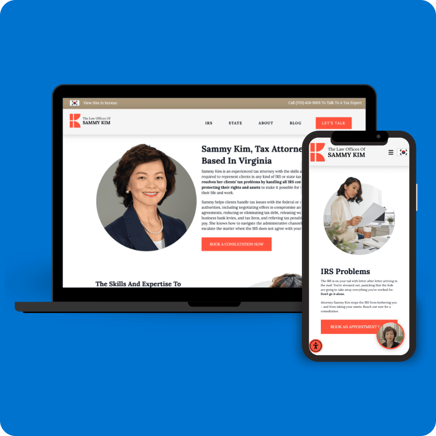 Tax attorney Sammy Kim's responsive website screens.