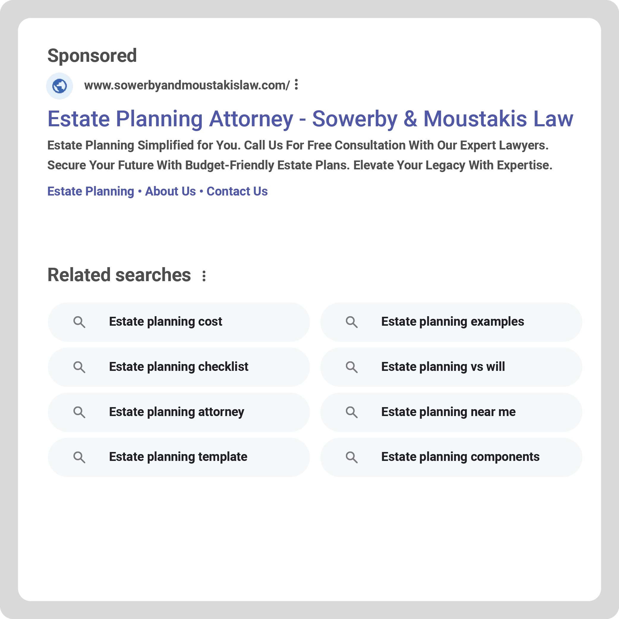 Screenshot of estate planning law firm advertisement.