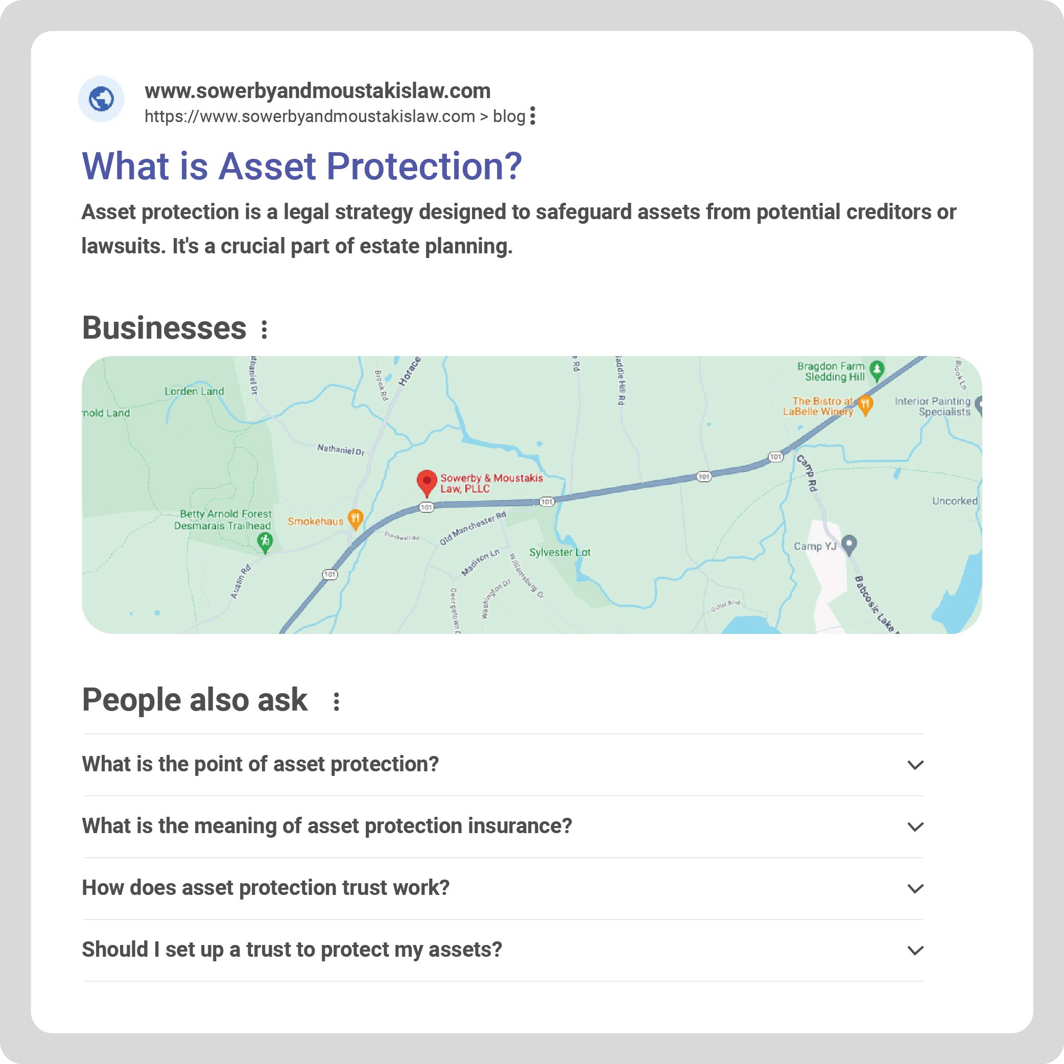 Screenshot of law firm webpage discussing asset protection.