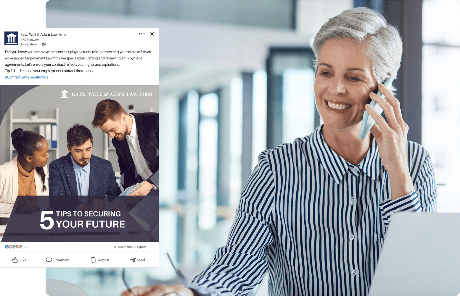 Smiling senior businesswoman talking on phone, browsing laptop.