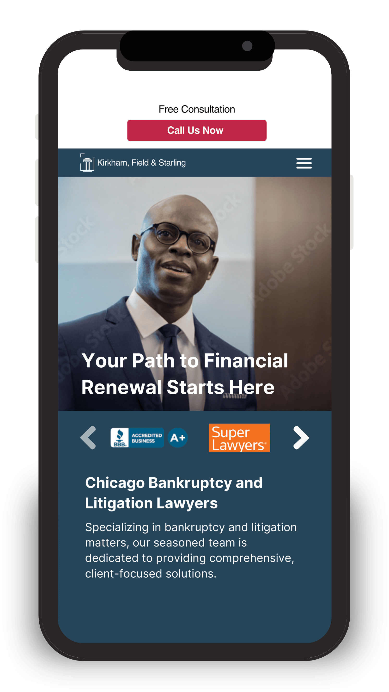 Professional lawyer promoting financial legal services on website.