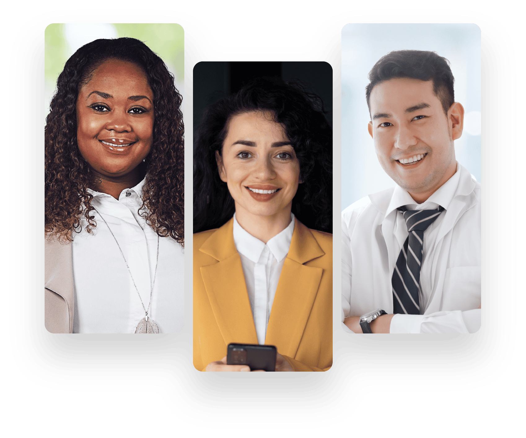 Three diverse professionals smiling in business attire.