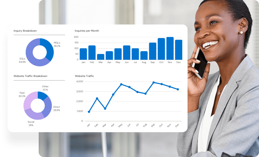 Businesswoman with charts discussing data on phone.