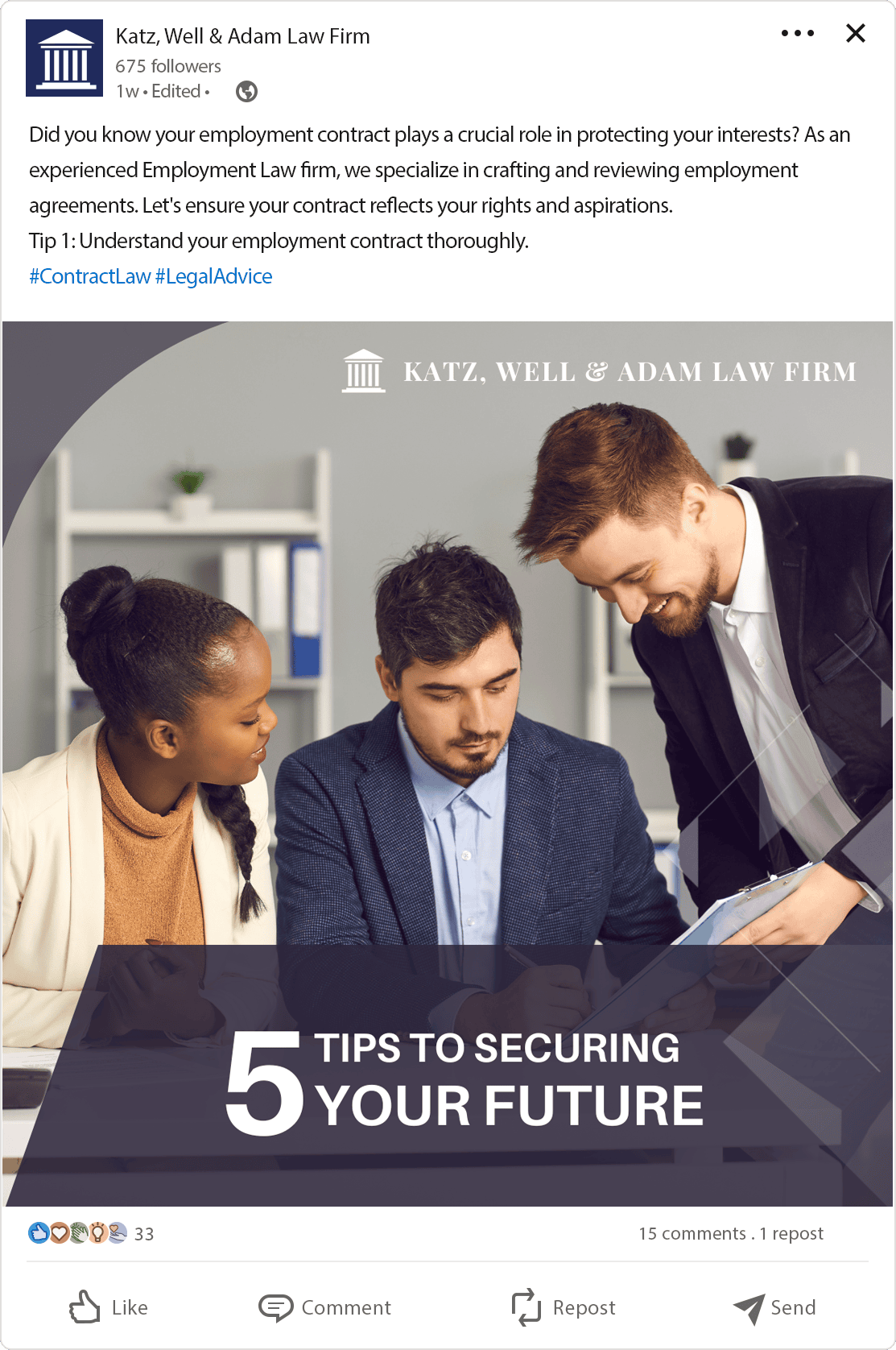 Three professionals discussing a document in office setting.