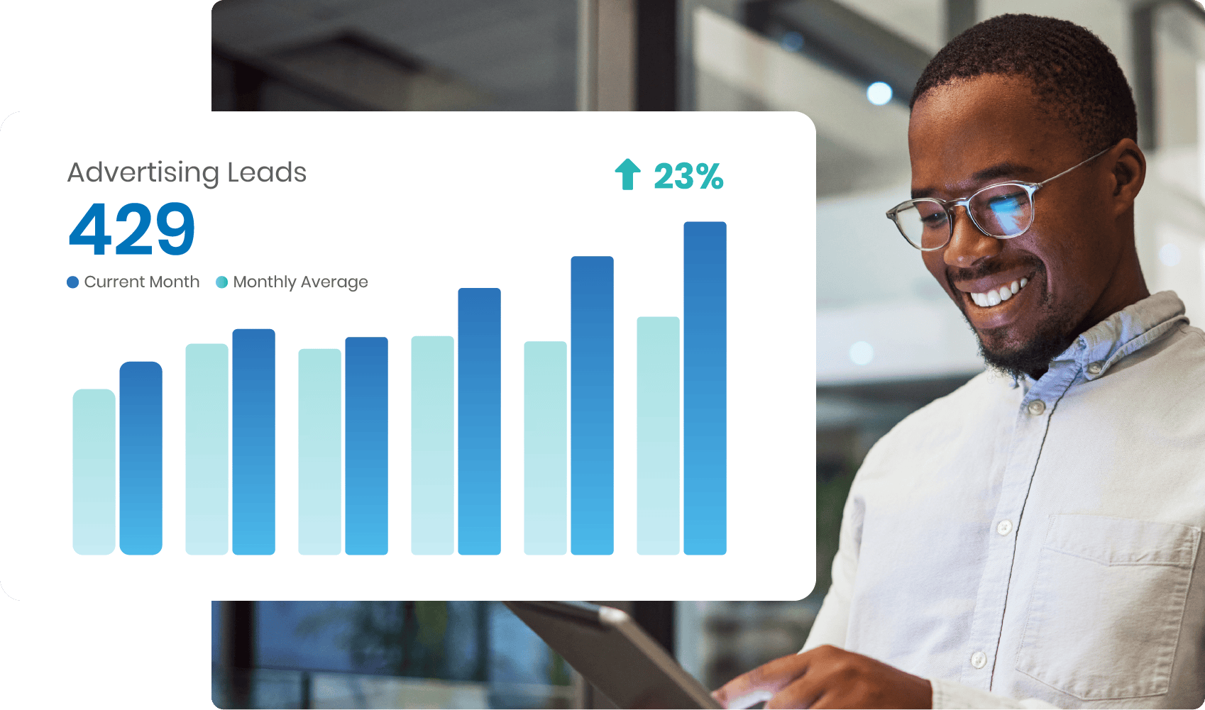 Man reviewing positive advertising leads growth chart on tablet.