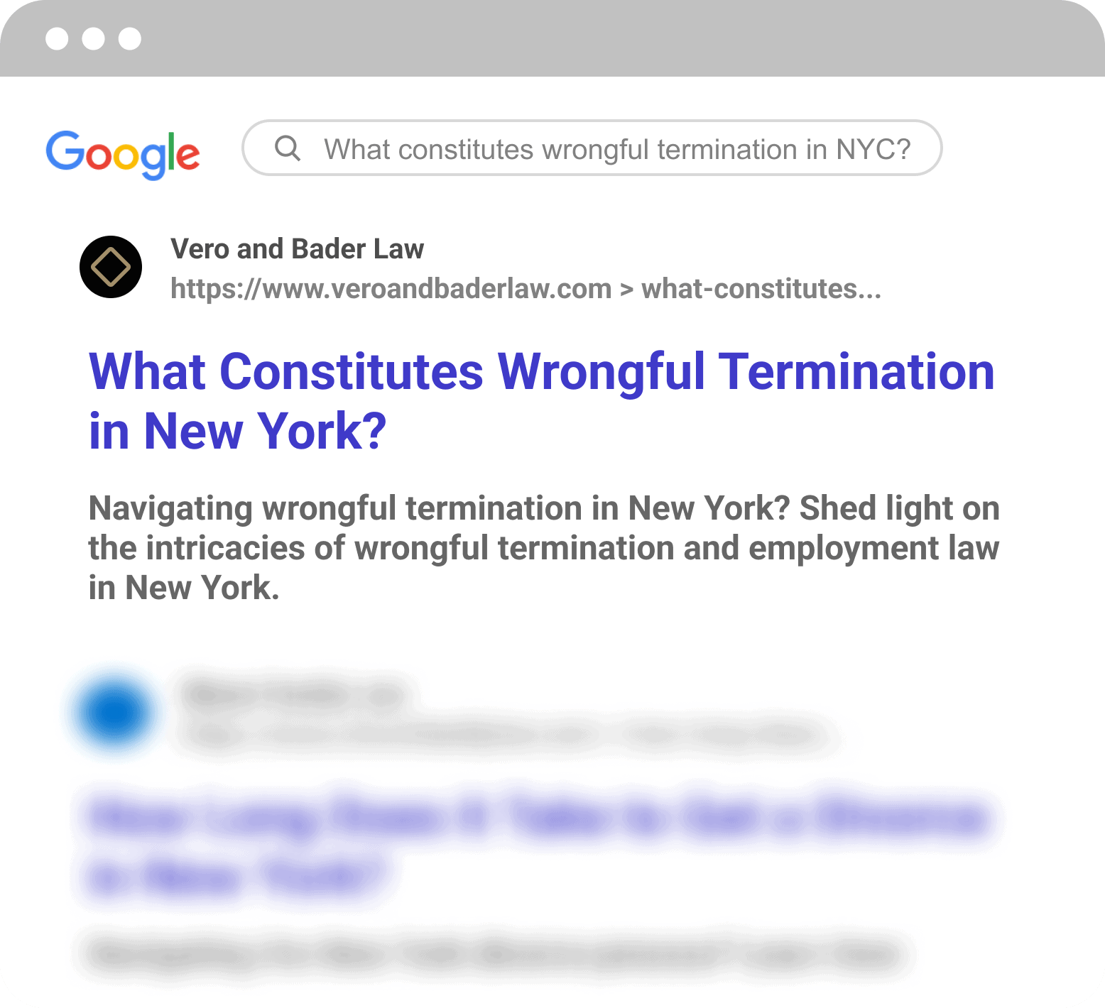 Google search results page on wrongful termination in NYC.