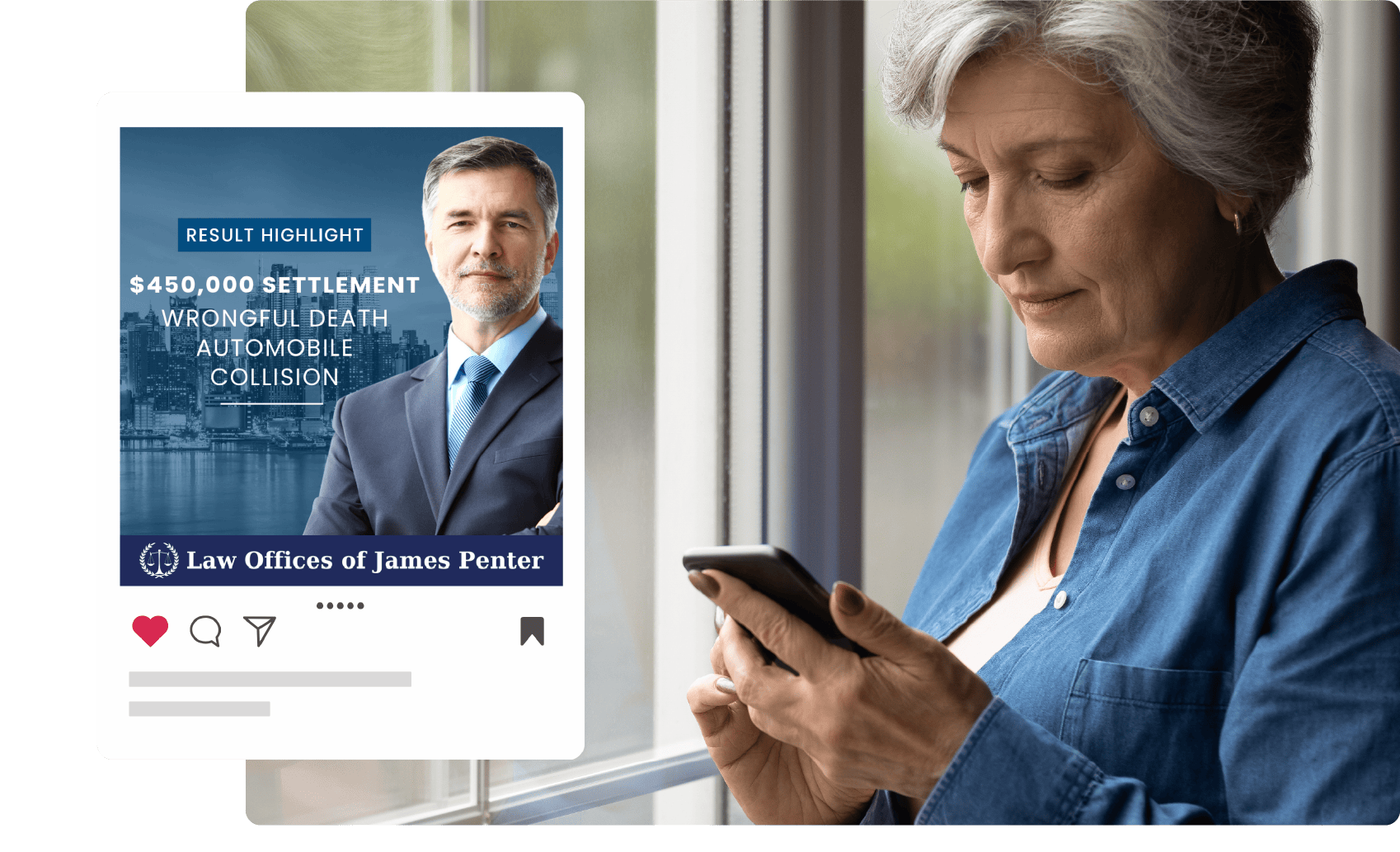 Senior woman reviews lawyer's successful settlement ad on phone.
