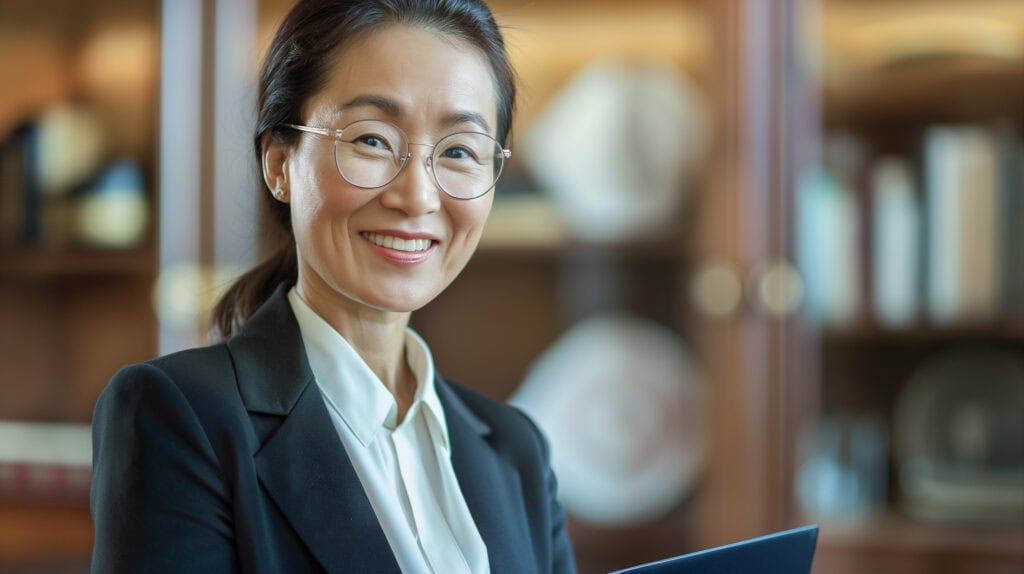 Smiling Asian businesswoman in office with glasses