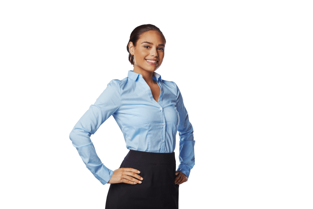 Confident woman in blue shirt posing with hand on hip