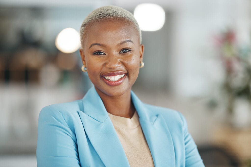 Smiling woman in blue blazer