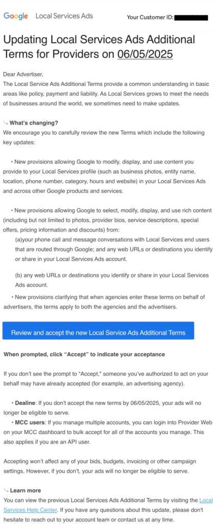 Screenshot of Google Local Services Ads update notice