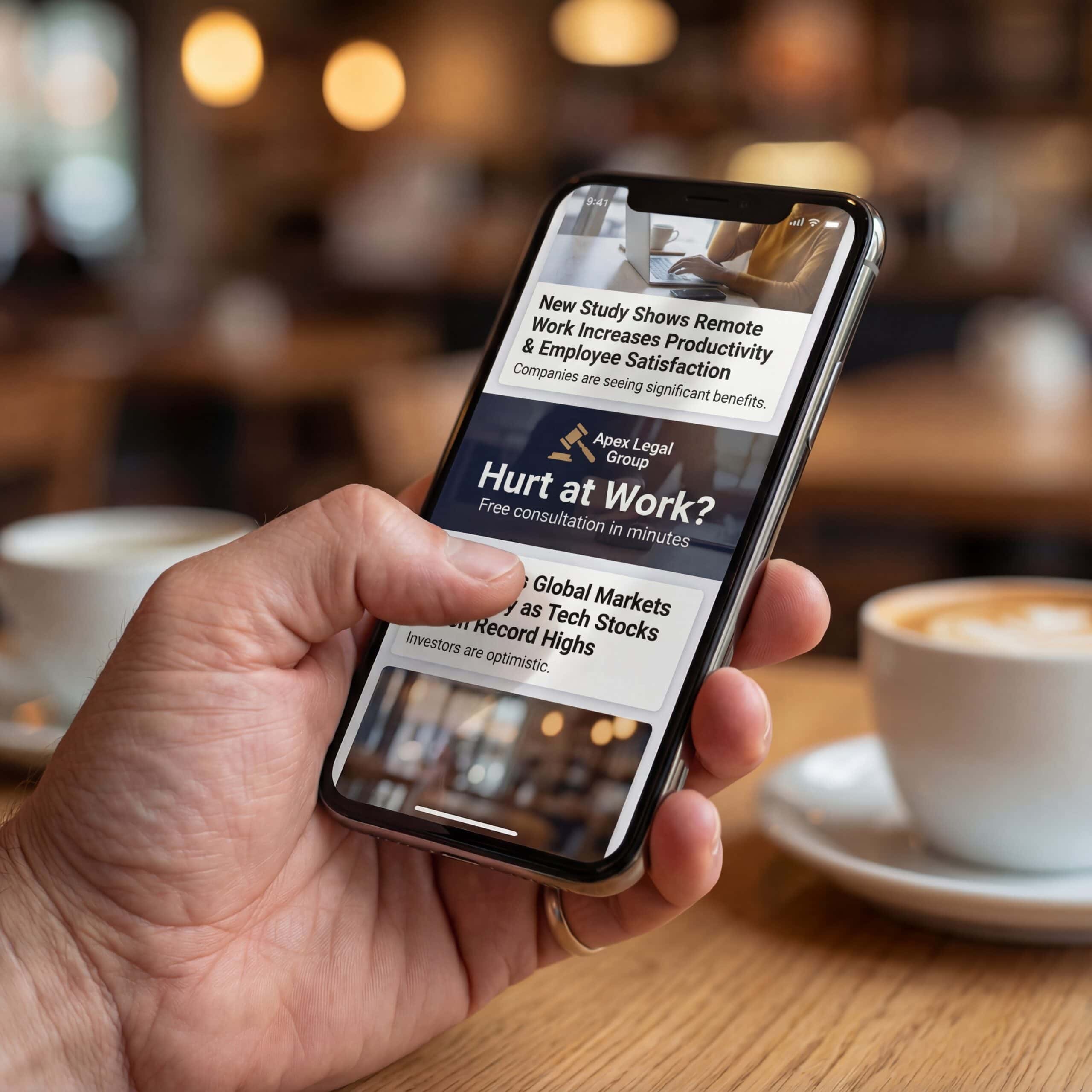 Person using smartphone displaying news and ads in cafe