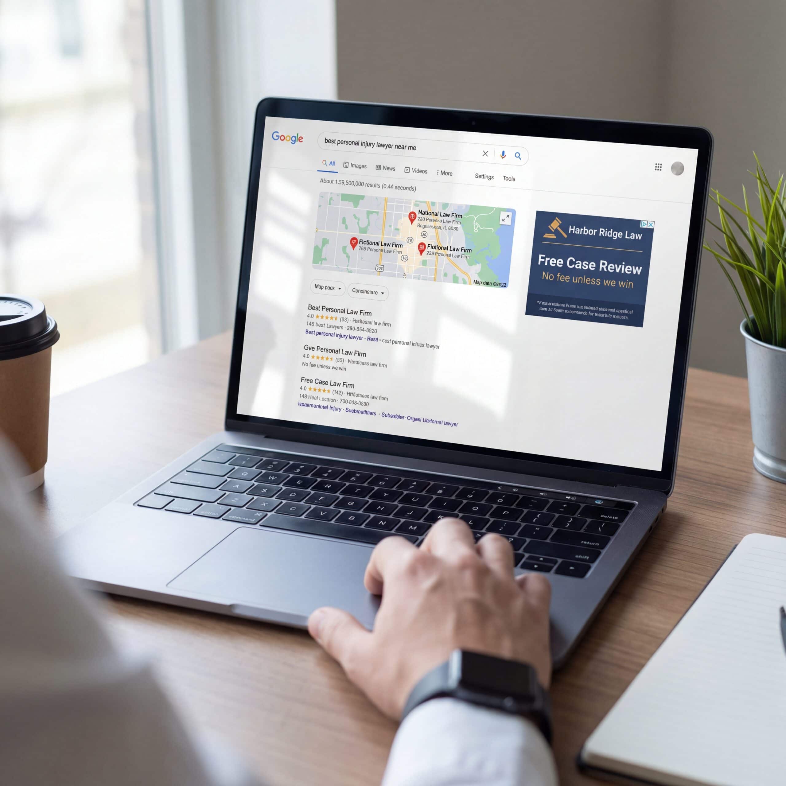 Laptop displaying Google search for personal injury lawyers