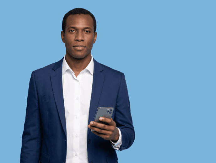 Black male attorney, 40s, tall build in navy suit with white shirt, no tie - AI Search and Law Firms