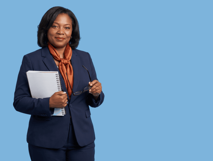 Black female attorney, 50s, plus-size build in navy pantsuit with subtle burnt-orange silk detail - Law Firm Intake