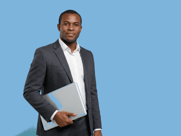 Black male attorney, 30s, average build in charcoal suit with white shirt - Attorney Video Marketing in the AI Era