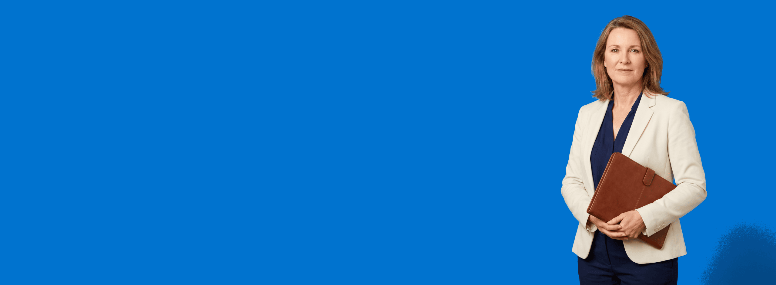 white female attorney, 50s, average build in cream blazer with navy trousers, portrait against a saturated blue background - AI-Generated Video for Attorneys