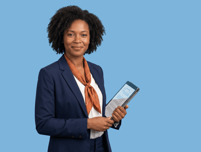 Black female attorney, 30s, average build in navy blazer and white blouse with subtle burnt-orange accent - Law Firm SEO