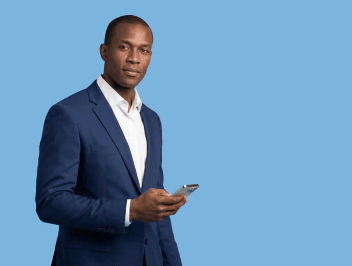 Black male attorney, 40s, tall build in navy suit with white shirt, no tie - The $500K Law Firm Plateau