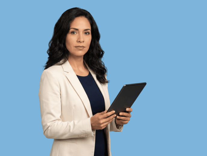 Latina female attorney, 30s to 40s, average build in cream blazer with navy shell top - From Stagnant to Scaling