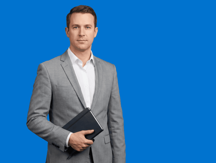 white male attorney, 30s, athletic build in light gray suit with white shirt - Marketing That Runs Without You