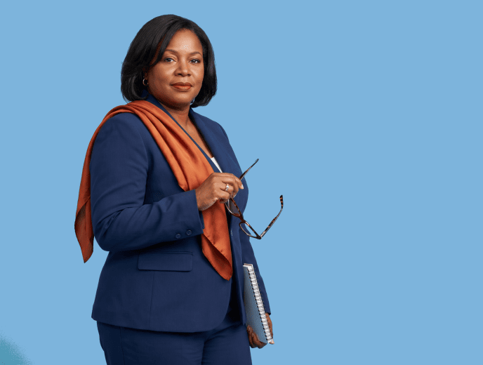Black female attorney, 50s, plus-size build in navy pantsuit with subtle burnt-orange silk detail - Forward Push vs. Consultwebs