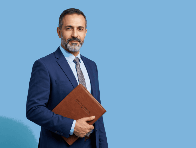 Middle Eastern male attorney, 40s, average build in navy suit with pale blue shirt - Forward Push vs. Hennessey Digital