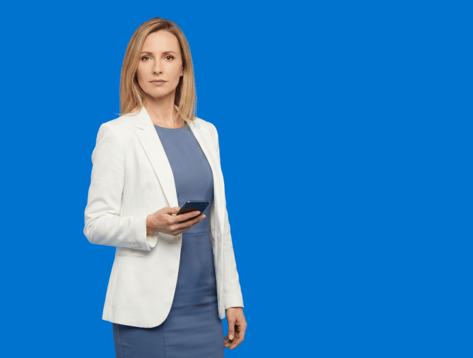 white female attorney, 30s, slim build in slate blue sheath dress with white blazer - Forward Push vs. Juris Digital