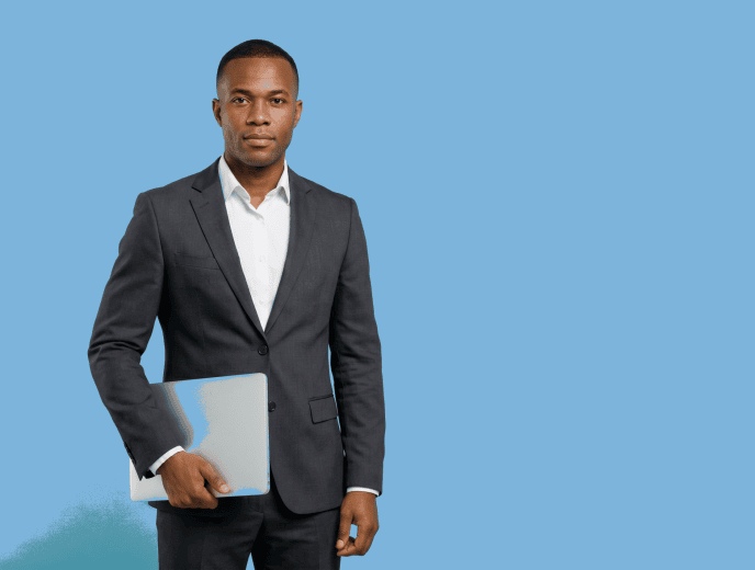 Black male attorney, 30s, average build in charcoal suit with white shirt - Forward Push vs. LawRank
