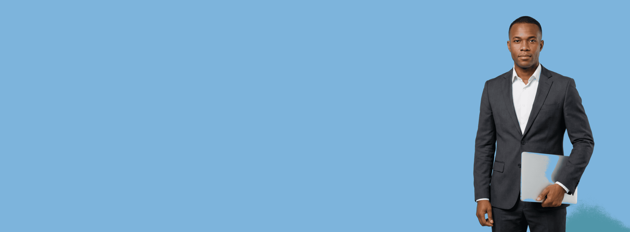 Black male attorney, 30s, average build in charcoal suit with white shirt, portrait against a light blue background - Forward Push vs. LawRank