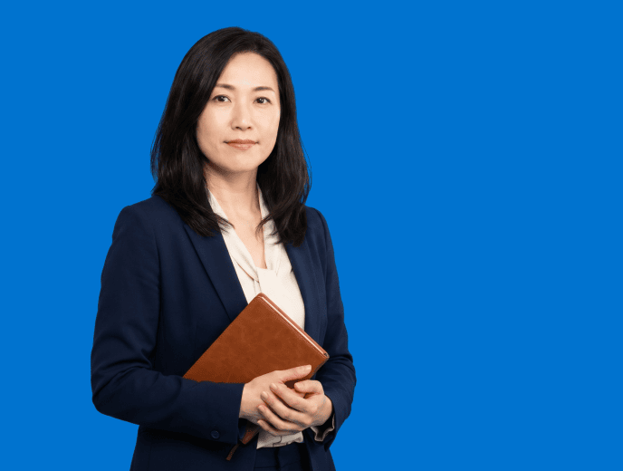 Asian female attorney, 40s, average build in navy blazer with cream blouse - Forward Push vs. Rankings.io
