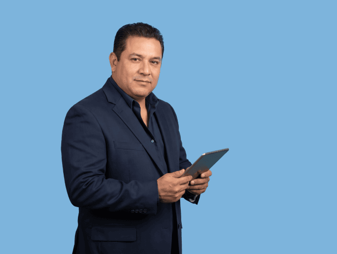 Latino male attorney, 40s to 50s, stocky build in navy suit with no tie - Forward Push vs. Scorpion