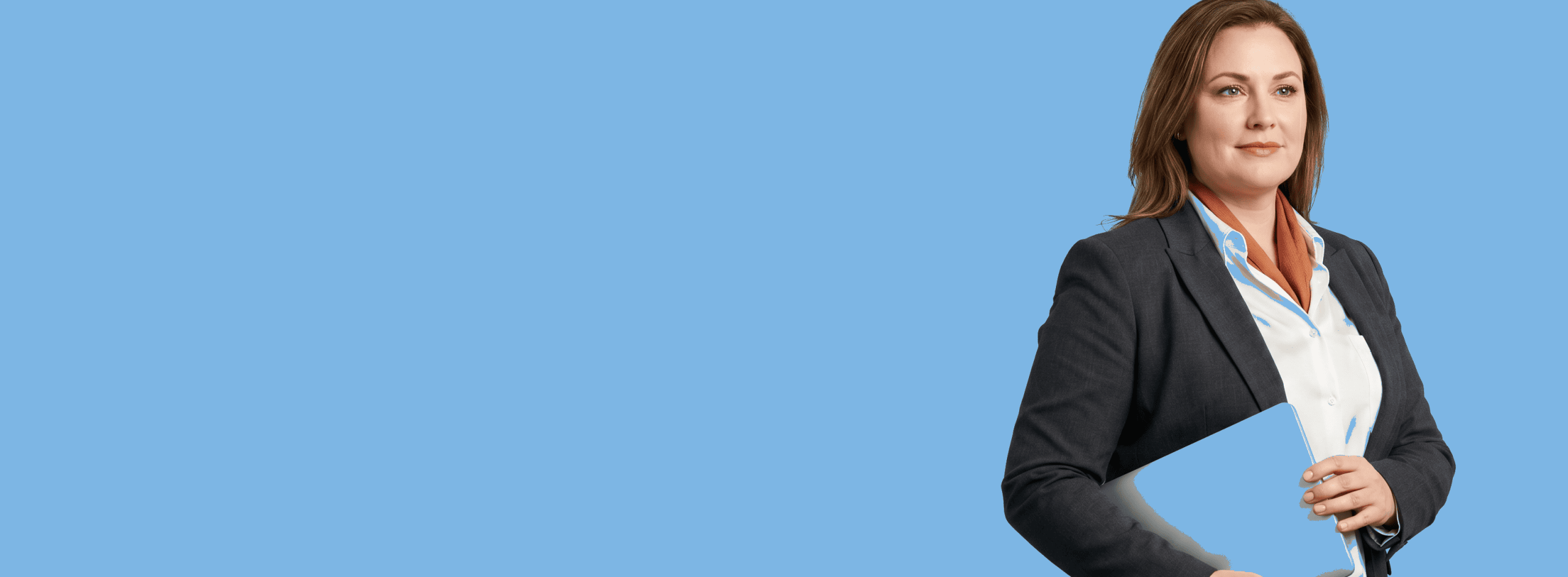 White female attorney in a polished pale-blue studio portrait, illustrating a better attorney losing visibility to inferior competitors with stronger marketing.