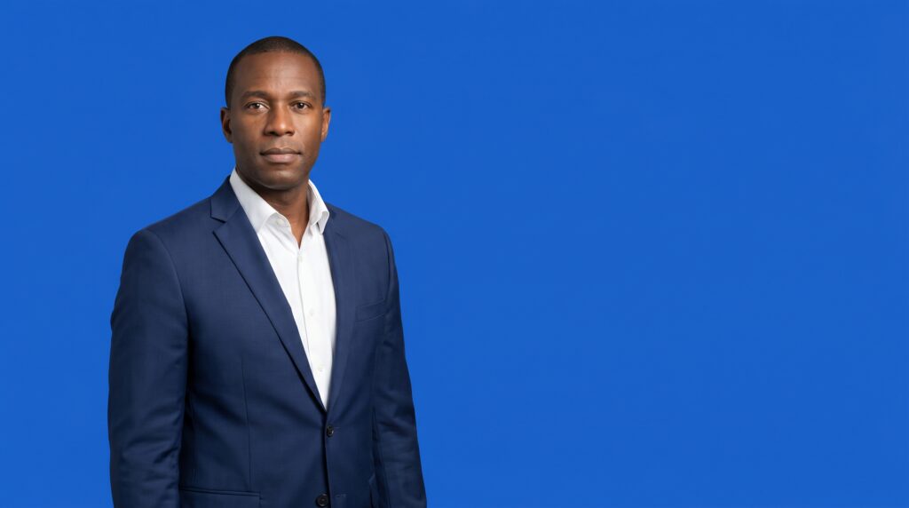 Black male professional in his 40s, tall build, navy suit and white open-collar shirt, on a blue studio background — Why Your Competitor Keeps Showing Up in AI Search (And How to Close the Gap).