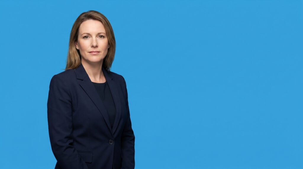 White woman professional in her early 40s, average build, dark navy blazer and dark top, on a blue studio background — Why Law Firm Intake Is a Marketing Problem (Not an Operations Problem).