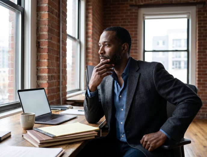 Black attorney in a professional marketing strategy scene, Marketing That Runs Without You: The Law Firm Owner's Case for a Done-For-You System