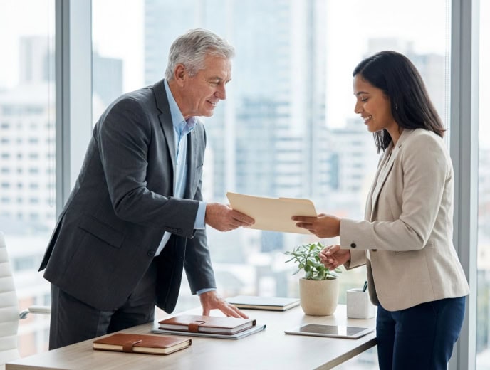 Two professionals in a referral handoff, attorney referral network aging and transition