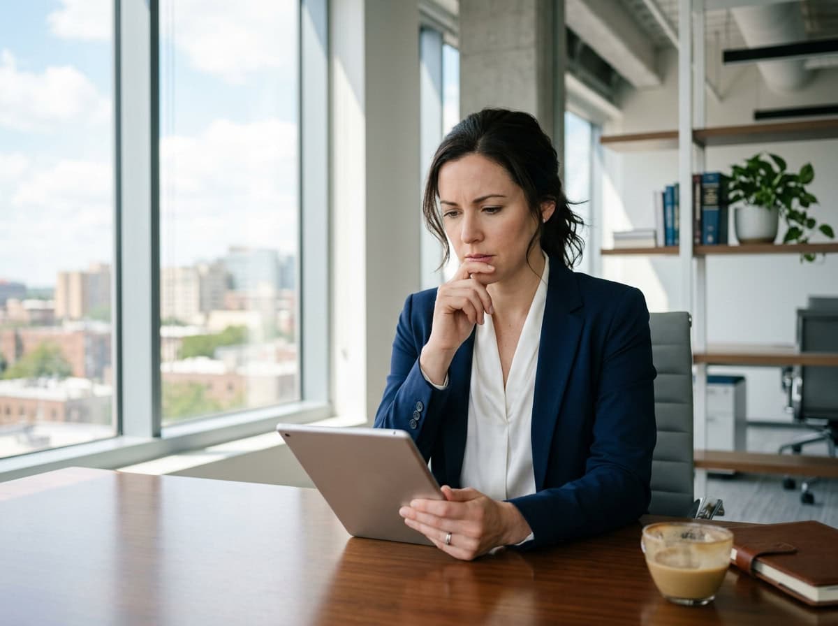 Attorney reviewing a thin referral pipeline on a tablet, law firm referral marketing limits