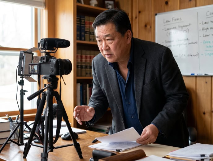 Asian attorney in a professional marketing strategy scene, Why Attorneys Stop Making Videos (And the System That Makes Stopping Unnecessary)